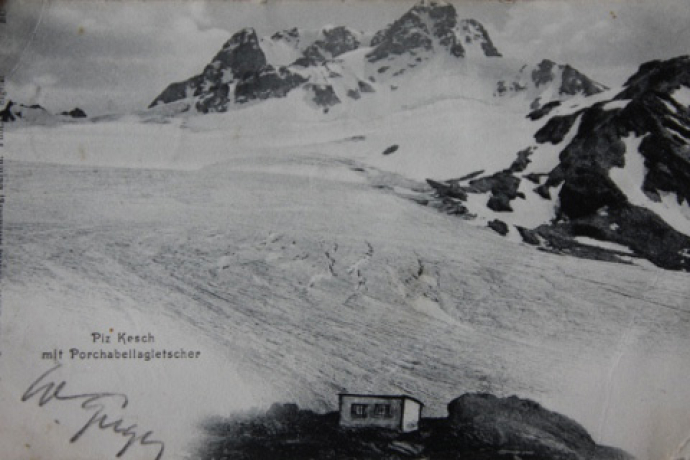 Der Porchabella-Gletscher und die Kesch-Hütte um 1900.