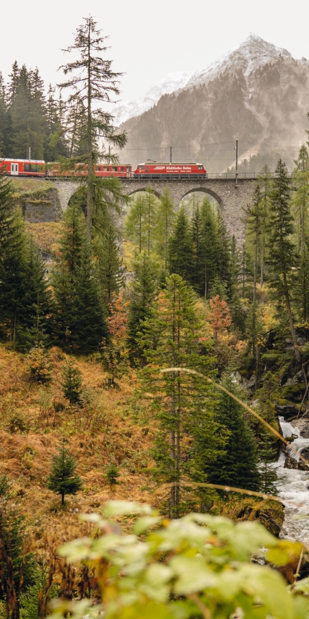 RhB auf dem Albulapass Viadukt zwischen Berguen und Preda (Copyright: Schweiz Tourismus/Andre Meier)