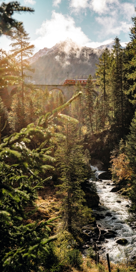 RhB auf dem Albulapass Viadukt zwischen Berguen und Preda (Copyright: Schweiz Tourismus/Andre Meier)