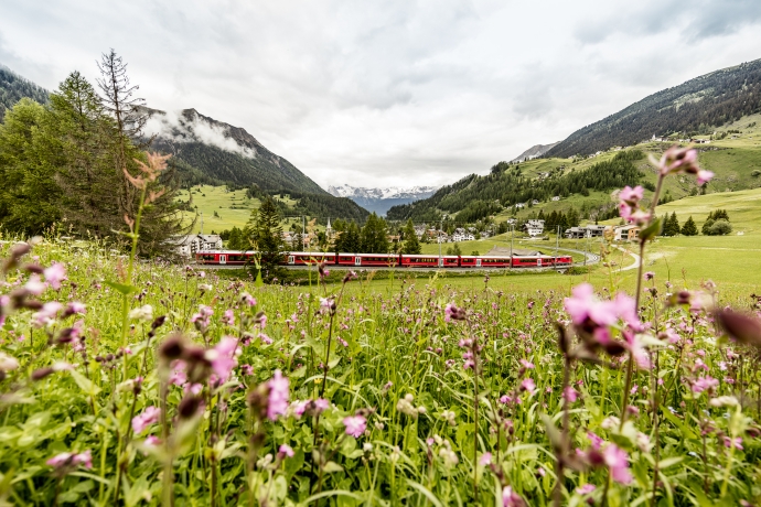 Rähtische Bahn mit Bergün im Hintergrund (© Rhätische Bahn / Andrea Badrutt)